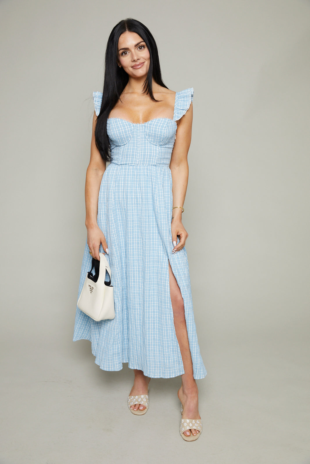 plaid midi dress Freya A waistline with an elastic back and a removable tie closure belt Plaid Wool Midi Dress -