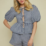 Caye Gingham Front Tie Top - Navy/White