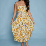 Lulu Tropical Pleated Flare Midi Dress