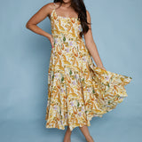 Lulu Tropical Pleated Flare Midi Dress