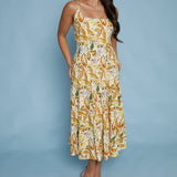 Lulu Tropical Pleated Flare Midi Dress