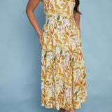 Lulu Tropical Pleated Flare Midi Dress