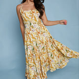 Lulu Tropical Pleated Flare Midi Dress