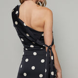 Skye Asymmetrical Satin Polka Dot Maxi Dress