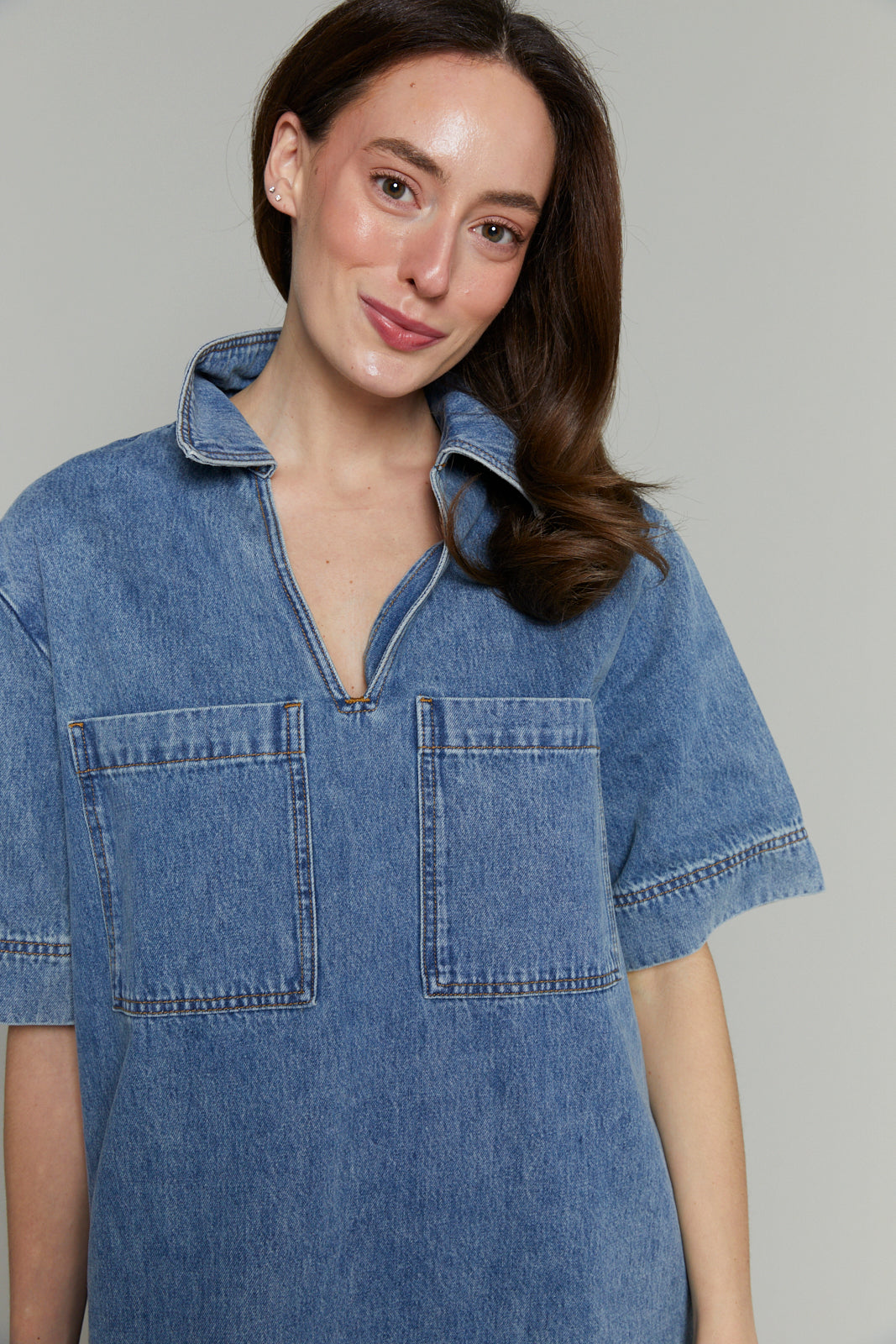 Daisy V-Neck Denim Mini Dress – No. 14 Daisy V-Neck Denim Mini Dress – No. 14