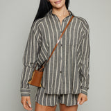 Twyla Striped Linen Button Down - Black