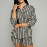 Twyla Striped Linen Button Down - Black