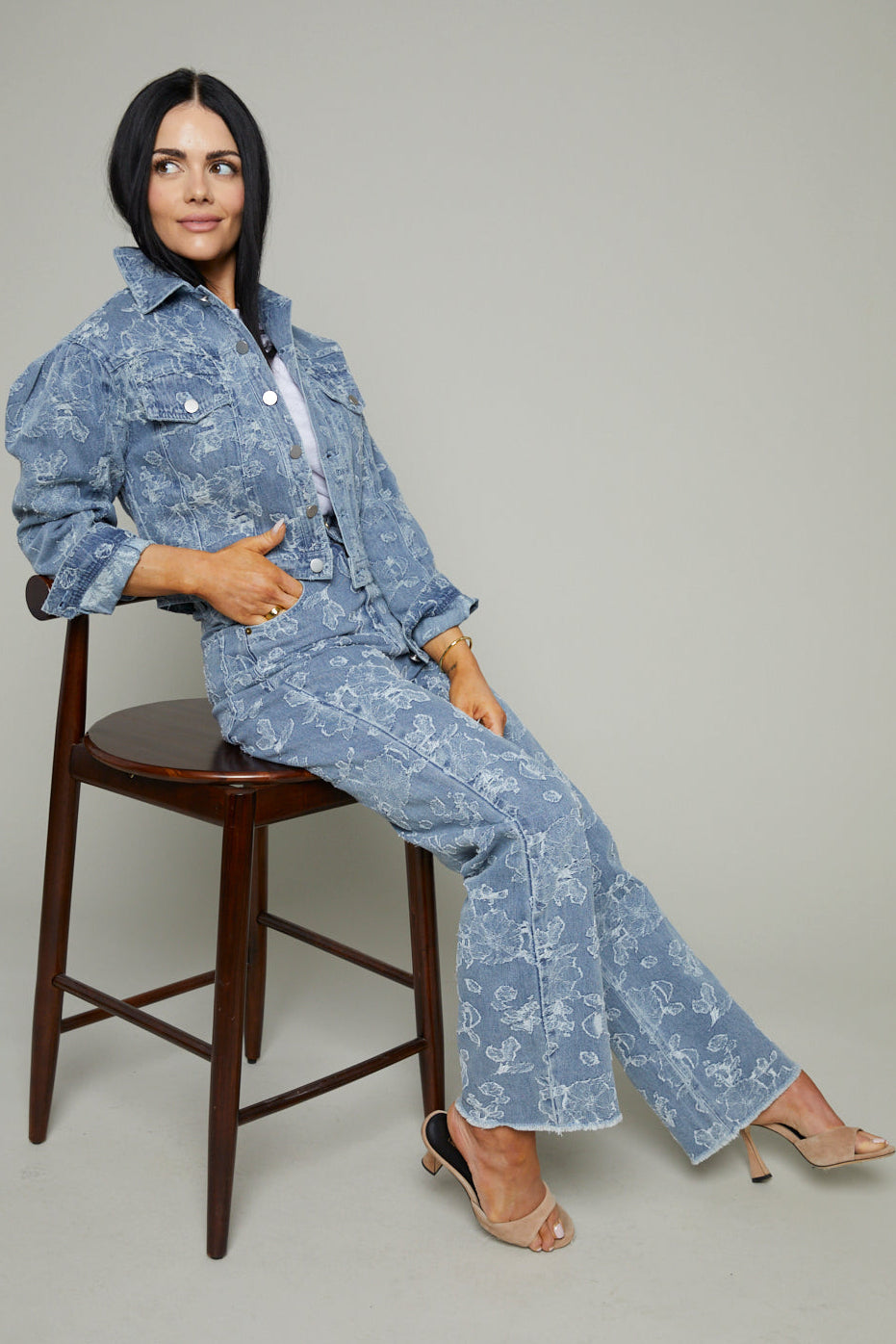 Rooney Floral Jacquard Distressed Denim Pants