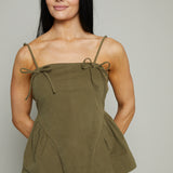 Lena Bow Trim Peplum Top - Olive