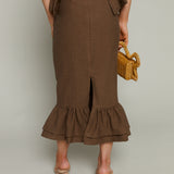 Maple Tiered Hem Column Midi Skirt