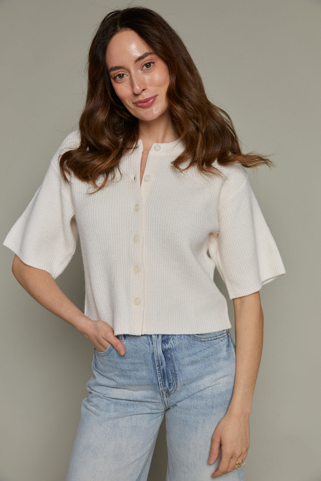 Elodie Short Sleeve Ribbed Knit Cardigan - Ivory