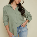 Twyla Solid Linen Button Down - Avocado