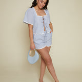 Tia Striped Ric Rac Front Tie Top - Blue