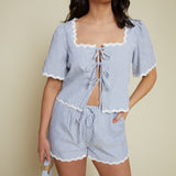 Tia Striped Ric Rac Front Tie Top - Blue
