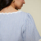 Tia Striped Ric Rac Front Tie Top - Blue
