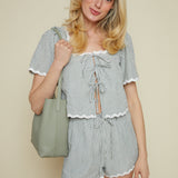 Tia Striped Ric Rac Front Tie Top - Green