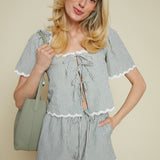 Tia Striped Ric Rac Front Tie Top - Green