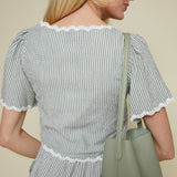 Tia Striped Ric Rac Front Tie Top - Green