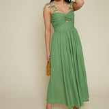 Rayanna Bow Strap Pleated Midi Dress - Green