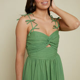 Rayanna Bow Strap Pleated Midi Dress - Green