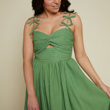 Rayanna Bow Strap Pleated Midi Dress - Green