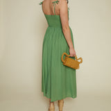 Rayanna Bow Strap Pleated Midi Dress - Green