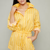 Candace Cinch Waist Stripe Romper - Papaya