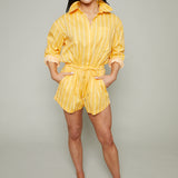 Candace Cinch Waist Stripe Romper - Papaya