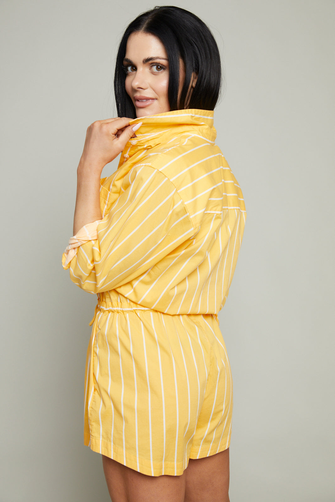 Candace Cinch Waist Stripe Romper - Papaya