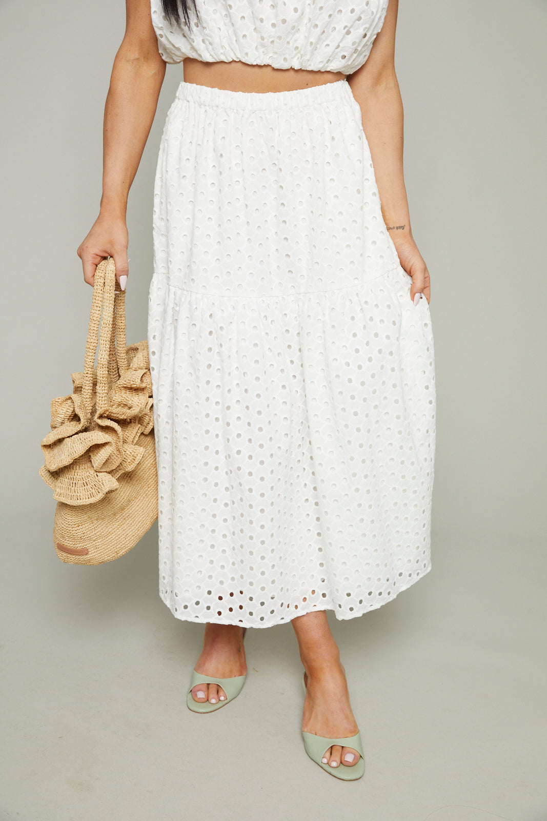 Jayne Eyelet Tiered Midi Skirt - White