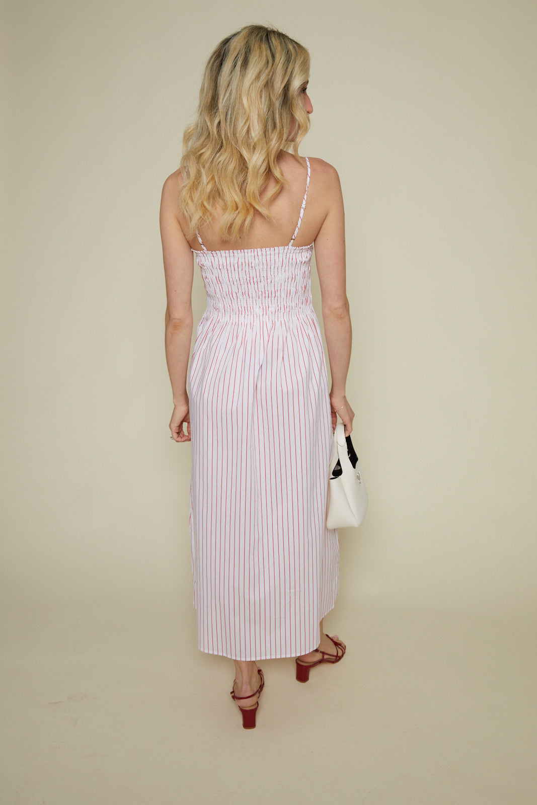 Skylar Smocked Bodice Midi Dress - Ruby Stripe