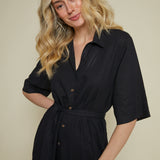 Frankie Linen Belted Shirt Dress - Black