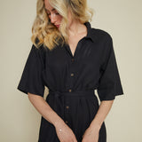 Frankie Linen Belted Shirt Dress - Black