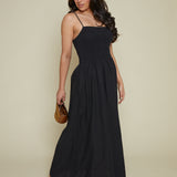 Kerra Smocked Linen Maxi Dress - Black