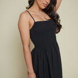 Kerra Smocked Linen Maxi Dress - Black