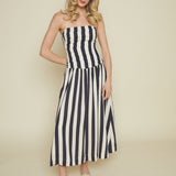 Drea Strapless Navy Stripe Ruched Midi Dress