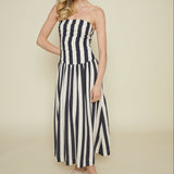 Drea Strapless Navy Stripe Ruched Midi Dress