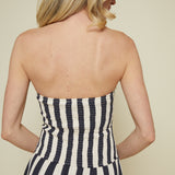 Drea Strapless Navy Stripe Ruched Midi Dress