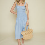 Gina Tie Strap Shirred Midi Dress - Blue