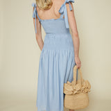 Gina Tie Strap Shirred Midi Dress - Blue