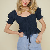 Desiree Navy Puff Sleeve Smocked Top