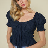 Desiree Navy Puff Sleeve Smocked Top
