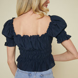 Desiree Navy Puff Sleeve Smocked Top