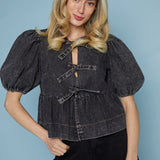 Robyn Front Tie Puff Sleeve Top - Black Denim