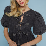Robyn Front Tie Puff Sleeve Top - Black Denim