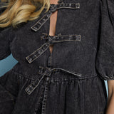 Robyn Front Tie Puff Sleeve Top - Black Denim
