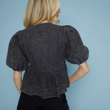 Robyn Front Tie Puff Sleeve Top - Black Denim