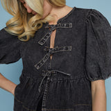 Robyn Front Tie Puff Sleeve Top - Black Denim