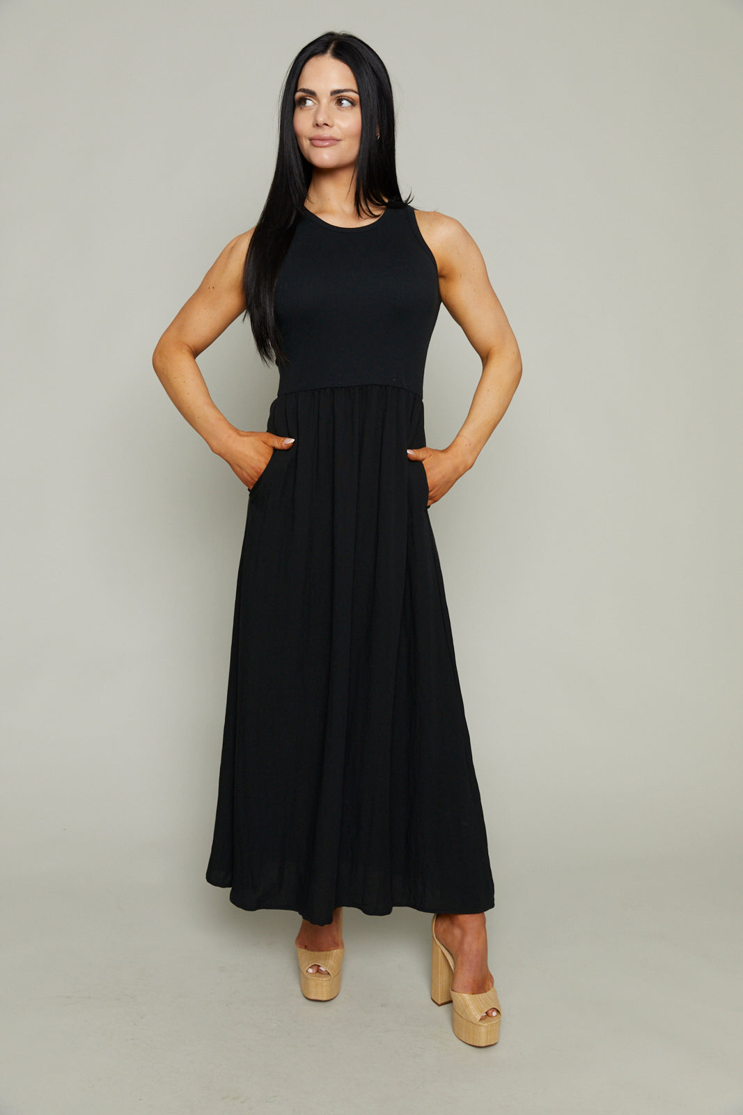 Claire Mixed Media Midi Dress - Black