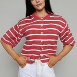 Elodie Short Sleeve Ribbed Knit Cardigan - Poppy